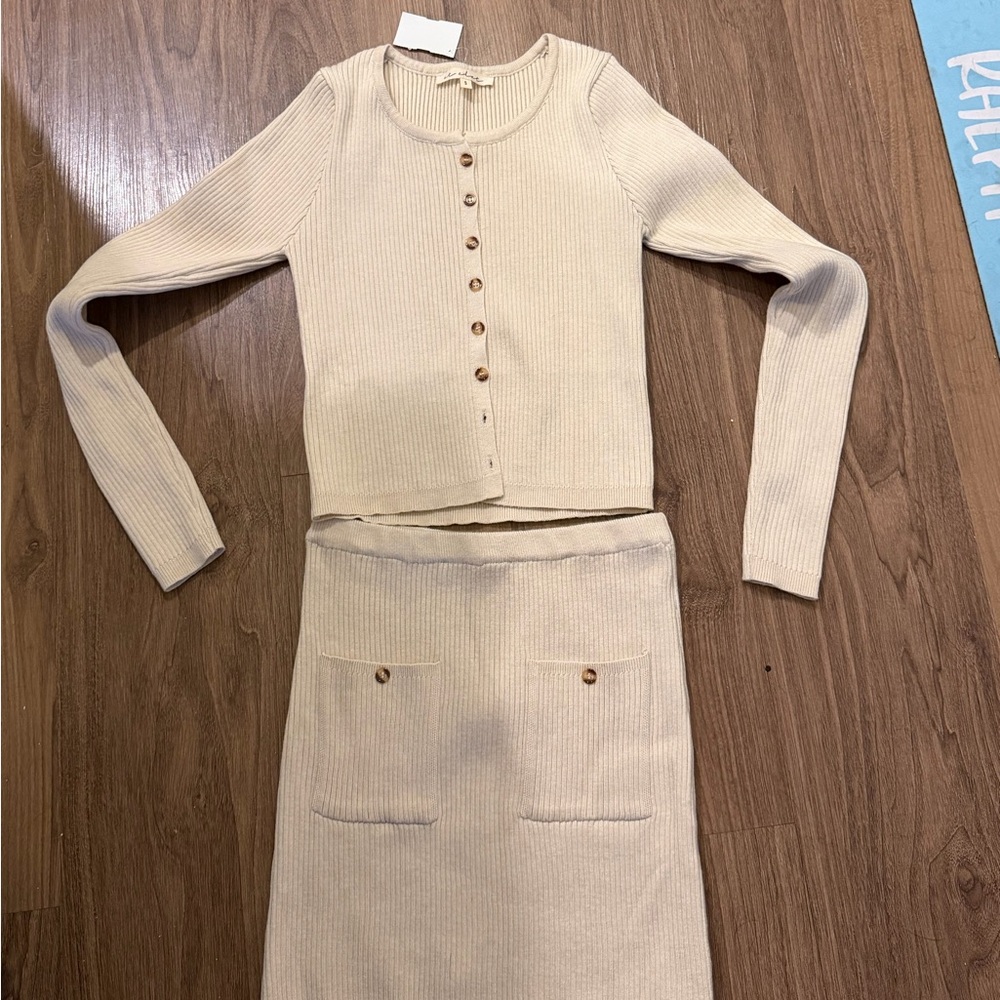 Cream Ribbed Knit Cardigan and Skirt Set